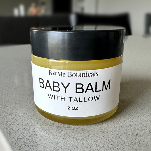 A 2 ounce jar labeled “B & Me Botanicals Baby Balm”