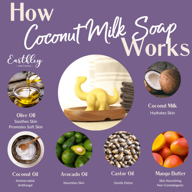 How Kids' Gentle Coconut Milk Body soap works: Olive oil soothes skin and promotes soft skin. Coconut oil is antimicrobial and antifungal. Avocado oil nourishes skin. Castor Oil provides gentle detoxification. Mango Butter is skin nourishing and non-comedogenic. Coconut Milk hydrates skin.